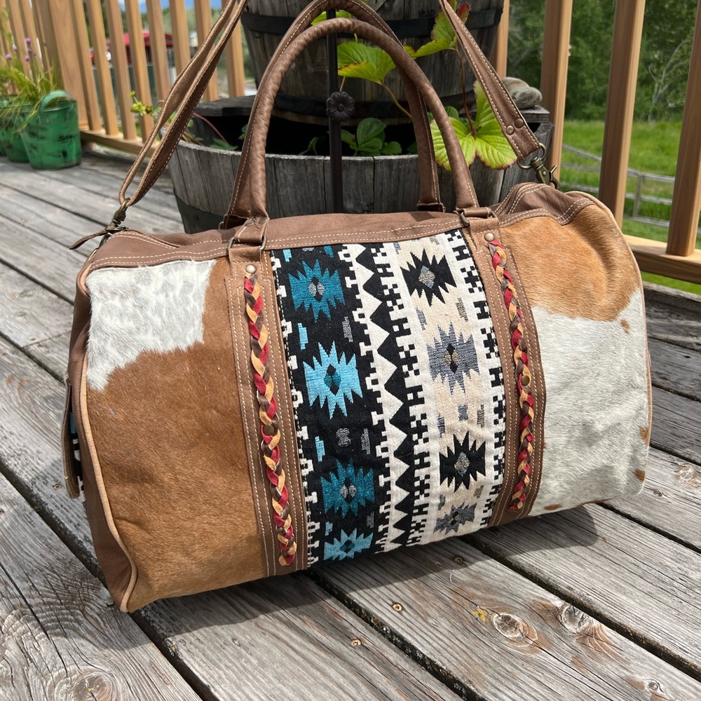 Unique Tribal Cowhide Leather Duffle Bag Boho Western Travel NEW Weekend…
